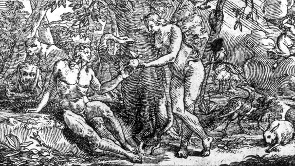 Kupferstich Adam und Eva mit Apfel | Bild: picture-alliance/dpa