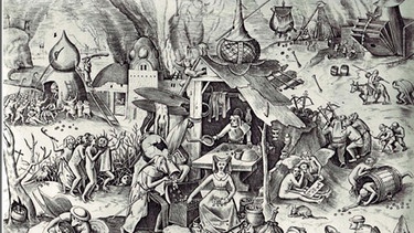 Der Kupferstich zur "Lasterfolge", auch bekannt als Zyklus der sieben Todsünden, von Pieter Brueghel dem Älteren zeigt den Geiz | Bild: picture-alliance/dpa