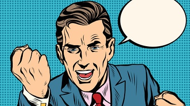 Cartoon eines Mannes, der mit erhobenen Fäusten eine Rede hält | Bild: colourbox.com