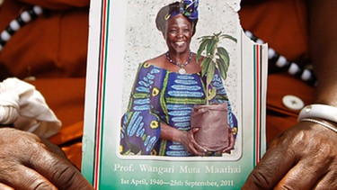 Frau hält ein Bild von Wangari Maathai in den Händen | Bild: picture-alliance/dpa