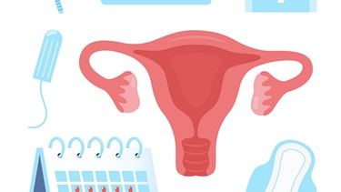Illustration eines Kalenders, Frauen-Hygieneartikeln und eines Eierstocks. | Bild: colourbox.com