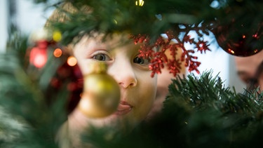 Junge schaut zwischen Christbaumkugeln hindurch und streckt die Zunge raus | Bild: picture-alliance/dpa