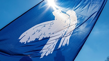 Friedenstaube auf Fahne bei einem Ostermarsch 2022 | Bild: picture alliance/dpa_Frank Hammerschmidt