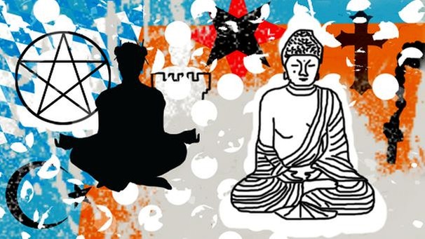 Illustration: Symbole von verschiedenen Glaubensrichtungen auf abstraktem Hintergrund | Bild: BR, colourbox.com, tmm ideas and graphic solutions