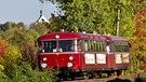 Die Mainschleifenbahn, auch "Säuferbähnle" genannt, fährt am 11.10.2015 bei Volkach | Bild: picture-alliance/dpa/Daniel Karmann