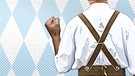 Illustration: Rückenansicht eines Bayern in Lederhose, der die Faus erhebt | Bild: picture-alliance/dpa, colourbox.com, BR; Montage: BR