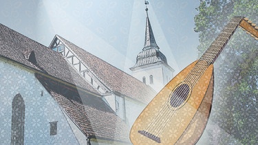 Illustration: Kirche mit Musikinstrument Laute" | Bild: colourbox.com, Montage: BR/Renate Windmeißer