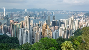 Vom sogeannten "green peak", dem grünen Gipfel sieht man auf die Skyline von Hongkong. Im Vordergrund grüne Bäume. | Bild: picture alliance / Zoonar | calado