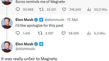 Twitter-Screenshots vom Account von Elon Musk. Musk schießt gegen George Soros | Bild: Screenshot/Twitter Elon Musk