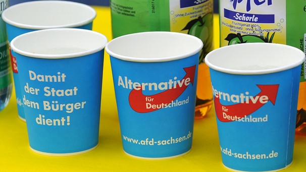 Pappbecher mit Logo und Wahlkampf-Slogans der AfD Sachsen | Bild: picture-alliance/dpa