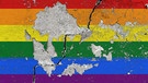Die Farben der Regenbogenflagge auf einer Wand mit abgeplatzter und rissiger Wandfarbe und einem großen Riss in der Wand. Symbolbild für Intoleranz, Homophobie und Diskriminierung. | Bild: picture alliance / SULUPRESS.DE | Torsten Sukrow 