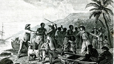 Eine Zeichnung von dem Handel mit Sklaven in den USA. | Bild: picture alliance/Bildagentur-online