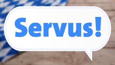 Sprechblase "Servus!", im Hintergrund weiß-blaue Rauten | Bild: BR; Colourbox.com