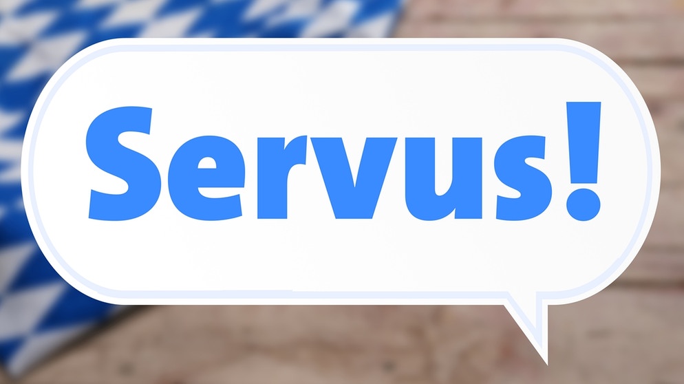 Sprechblase "Servus!", im Hintergrund weiß-blaue Rauten | Bild: BR; Colourbox.com