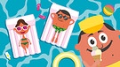 Illustration: ein Swimmingpool von oben mit Mann und Frau auf einer Luftmatratze, im Vordergrund ein lachender Mann mit Eis | Bild: colourbox.com; Montage: BR