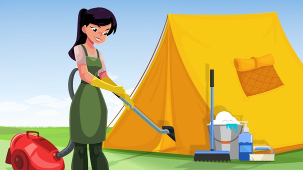 Illustration "Eine Frau staubsaugt ihr Zelt für den anstehenden Urlaub" | Bild: colourbox.com; Montage: BR/Renate Windmeißer