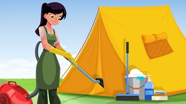Illustration "Eine Frau staubsaugt ihr Zelt für den anstehenden Urlaub" | Bild: colourbox.com; Montage: BR/Renate Windmeißer