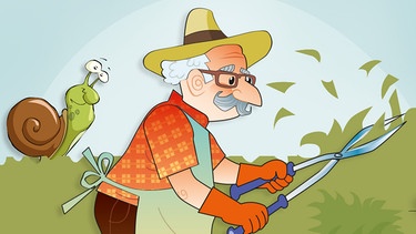 Illustration "Garten und Plagen", Hobby-Gärtner schneidet seine Hecke, umgeben von Schnecke und Maulwurf | Bild: colourbox.com; Montage: BR/Renate Windmeißer