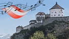 Illustration "Die Festung Kufstein mit Musiknoten" | Bild: colourbox.com; Montage: BR/Renate Windmeißer