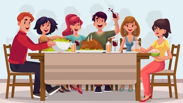 Illustration: "Freunde sitzen an einem gedeckten Tisch!" | Bild: colourbox.com; Montage: BR/Renate Windmeißer