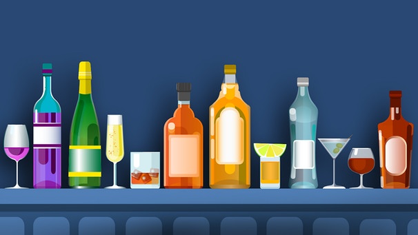Illustration: "Theke mit alkoholische Getränken" | Bild: colourbox.com; Montage: BR/Renate Windmeißer