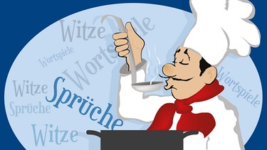 Illustration "Schmankerl-Koch mit einem Topf  voller Witze, Sprüche, Wortspiele" | Bild: colourbox.com; Montage: BR/Renate Windmeißer