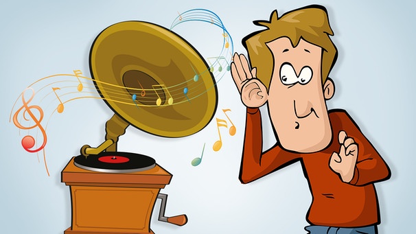 Illustration "Zwischentöne", Typ lauscht einem Grammophon | Bild: colourbox.com; Montage: BR/Renate Windmeißer