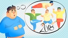 Dicker Mann mit Gedankenblase 2018, wo er sich beim Joggen, Yoga, Gymnastik und Krafttraining sieht | Bild: colourbox.com; Montage: BR