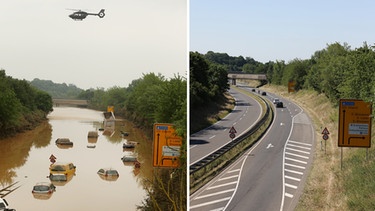 Ein Hubschrauber kreist über der überfluteten Bundesstraße B265 bei Erftstadt. Knapp ein Jahr später sind an derselben Stelle die Folgen der Flut nicht mehr sichtbar.
| Bild: picture-alliance/dpa