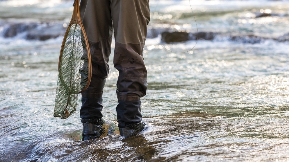 Angler in Wathosen mit Kescher in einem Flussbett stehend (Symbolbild) | Bild: picture alliance/APA/picturedesk.com