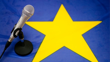 Symbolbild: Stern der Europaflagge und ein Mikrophon.
| Bild: picture alliance / Ulrich Baumgarten | Ulrich Baumgarten