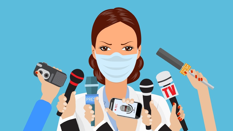 Illustration von Frau mit Mundschutz, der mehrere Mikrofone entgegengestreckt werden | Bild: colourbox.com