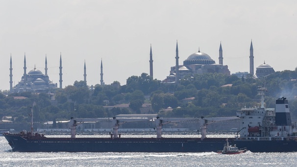 Silhouette von Istanbul mit zwei Moscheen vom Bosporus aus gesehen und mit einem Frachtschiff im Vordergrund | Bild: dpa-Bildfunk/Tolga Ildun