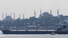 Silhouette von Istanbul mit zwei Moscheen vom Bosporus aus gesehen und mit einem Frachtschiff im Vordergrund | Bild: dpa-Bildfunk/Tolga Ildun