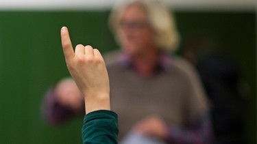 Lehrer im Unterricht vor grüner Tafel, ein Schüler hebt den Finger | Bild: dpa-Bildfunk/Julian Stratenschulte