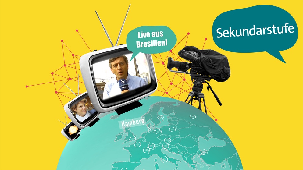 Fernseher mit Auslandkorrespondenten auf einer Weltkugel | Bild: colourbox.com; Montage: BR