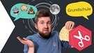 Collage: Tim guckt fragen mit einem Pfannkuchen, Emojis und Mond | Bild: KiKA; Montage: BR