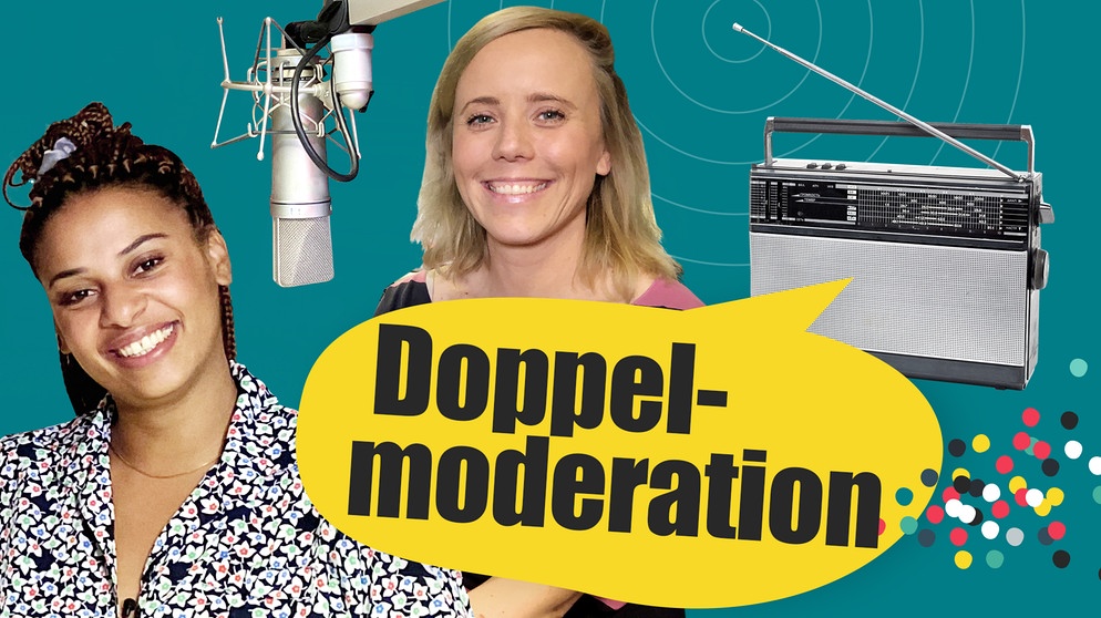 how to RADIO -  Collage Radiogerät, so geht MEDIEN-Moderatorinnen Koku Musebeni und Christina Wolf und Schriftzug Doppelmoderation | Bild: BR