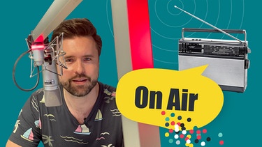how to RADIO -  Collage Radiogerät, Mikrofon, so geht MEDIEN-Moderator Sebastian Schaffstein und Schriftzug On Air | Bild: BR