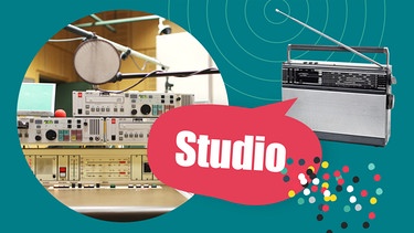 how to RADIO -  Collage: Radiogerät, technisches Gerät in einem Radiostudio, Schriftzug Studio | Bild: BR