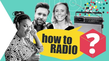 Collage: Radiogerät, so geht MEDIEN-Moderator*innen Koku Musebeni , Sebastian Schaffstein und Christina Wolf und Schriftzug how to RADIO | Bild: BR