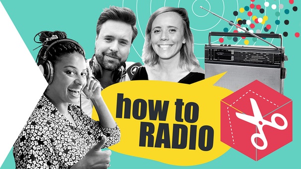 Collage: Radiogerät, so geht MEDIEN-Moderator*innen Koku Musebeni , Sebastian Schaffstein und Christina Wolf und Schriftzug how to RADIO | Bild: BR