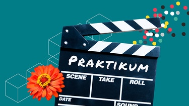 Filmklappe mit dem Wort Praktikum mit Blume und Konfetti | Bild: colourbox.com; Montage: BR