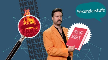Collage: Sebastian hält Pressekodex daneben Lupe über dem Wort Fakenews | Bild: colourbox.com; Montage: BR