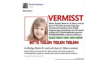 Fake News Fahndungsaufruf Facebook: Vermisst Marie 6 Jahre | Bild: Facebook Screenshot 2016 / Montage: BR (Originalbilder aus persönlichkeitsrechtlichen Gründen verändert)
