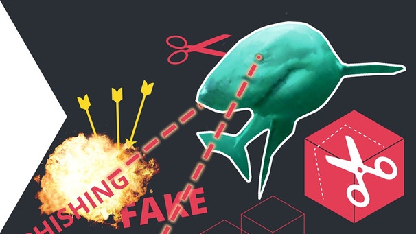 Downloads zum Thema: Bekämpfen von Fakes im Internet - Hai mit Laseraugen zielt auf die Wörter Fake, Phishing, Hoax | Bild: colourbox.com; Montage: BR