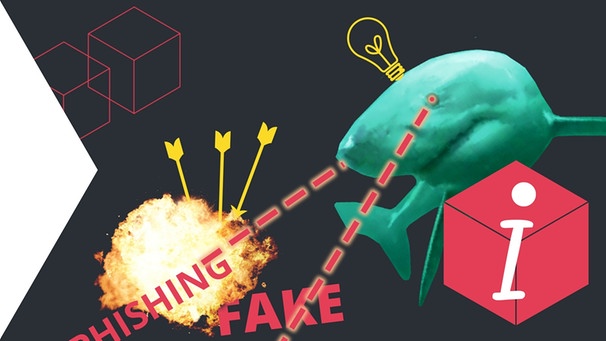 Wichtige Informationen zum Thema: Bekämpfen von Fakes im Internet - Hai mit Laseraugen zielt auf die Wörter Fake, Phishing, Hoax | Bild: colourbox.com; Montage: BR