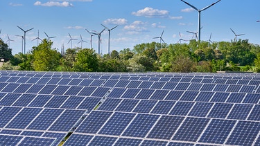 Solarzellen mit Windrädern im Hintergrund | Bild: Picture alliance/dpa