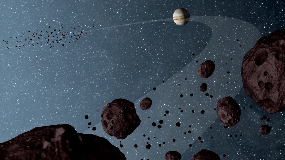 Jupiter mit der Asteroiden-Gruppe der Trojaner. Die Asteroidengruppe der Trojaner, die sich auf der Umlaufbahn des Jupiters befinden, untersucht die Mission LUCY | Bild: NASA