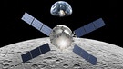 Animation des Spaceship Orion über dem Mond schwebend. Das Spaceship Orion soll in einigen Jahren die Menschen im Rahmen der Mission Artemis wieder zum Mond bringen.  | Bild: NASA
